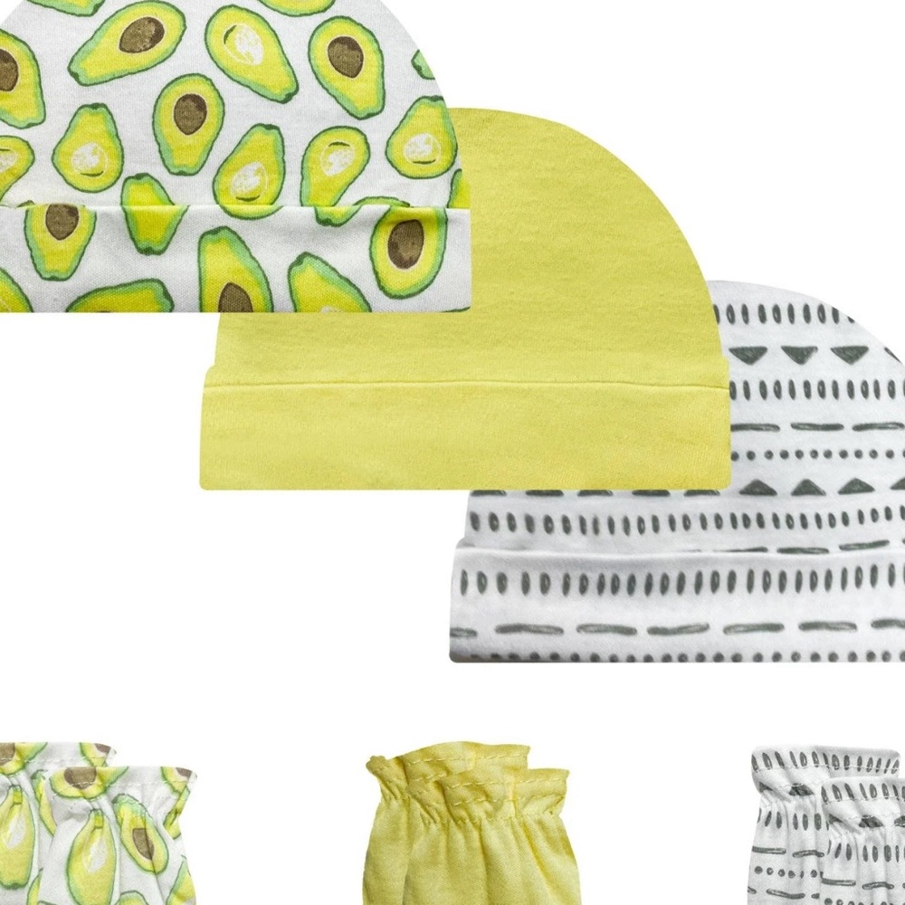 Modern Baby 3 Pack Caps & Mittens - Avocado